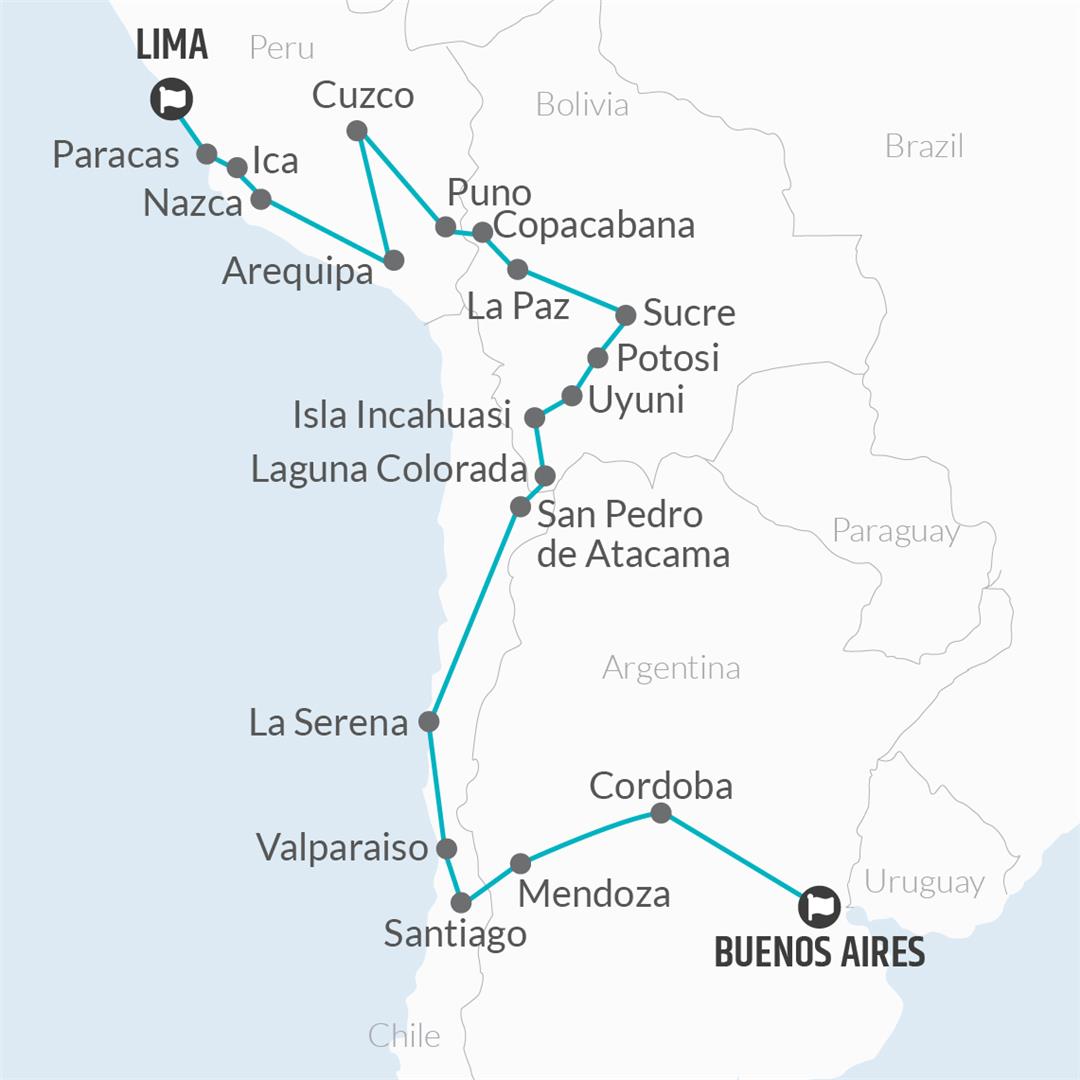 tourhub | Bamba Travel | Buenos Aires to Lima (via Uyuni) Travel Pass | Tour Map