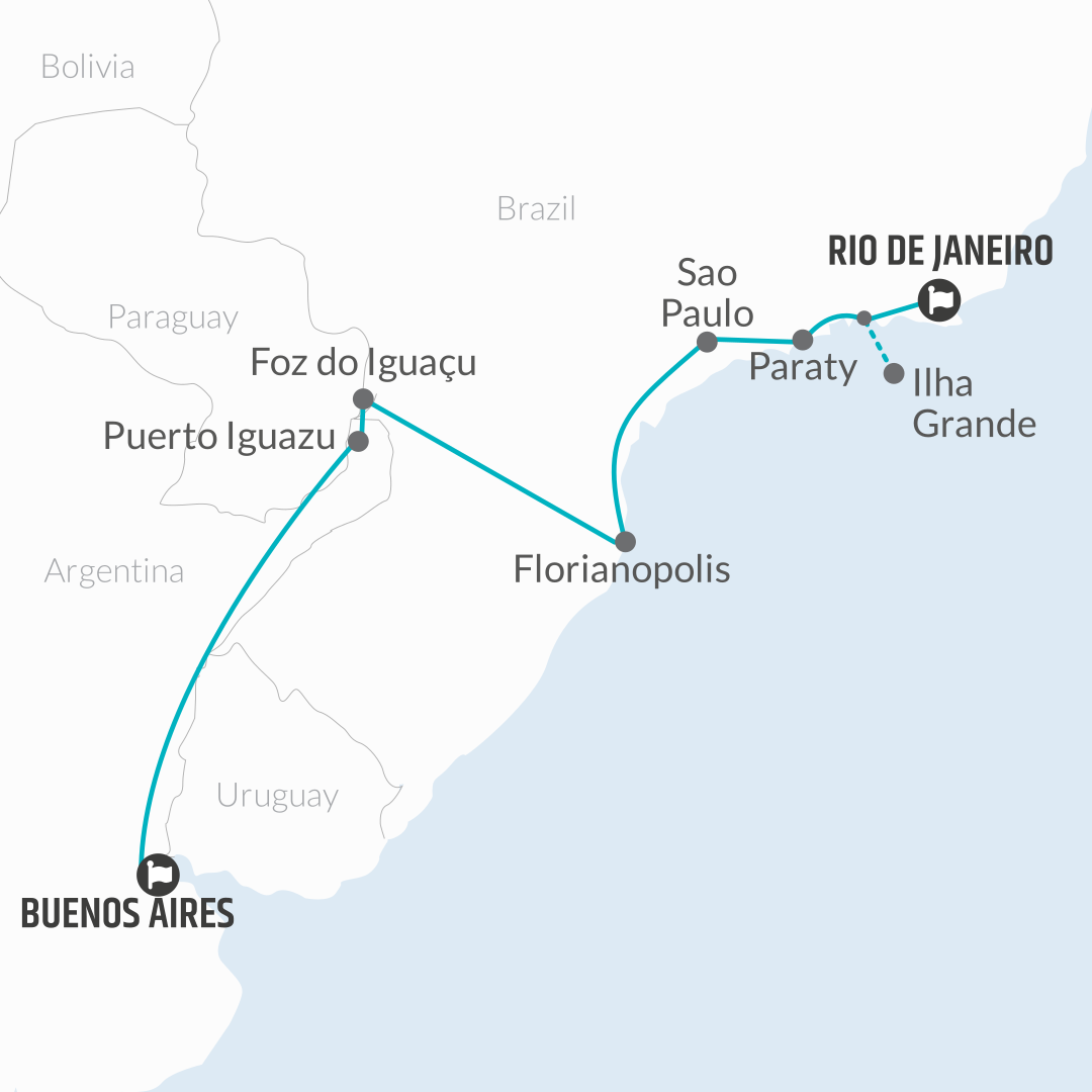 tourhub | Bamba Travel | Buenos Aires to Rio de Janeiro (via Iguazu & Florianopolis) Travel Pass | Tour Map