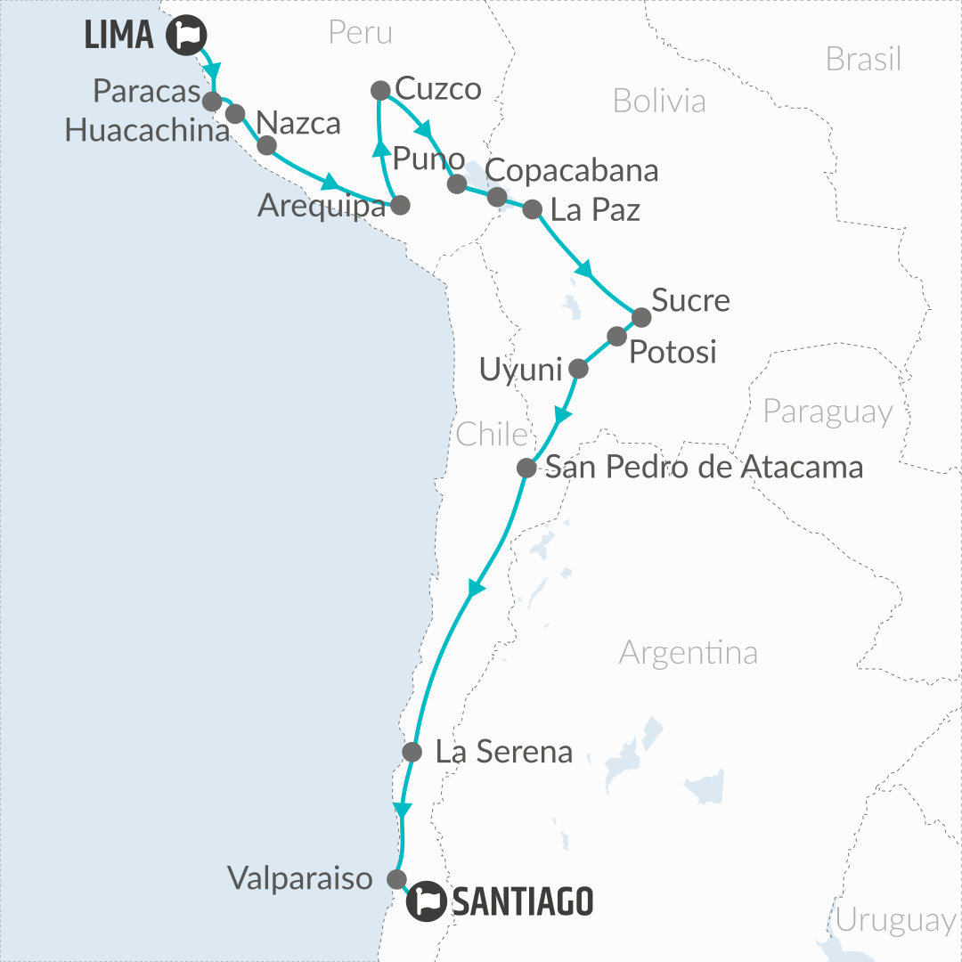 tourhub | Bamba Travel | Lima to Santiago (via Uyuni) Travel Pass | Tour Map