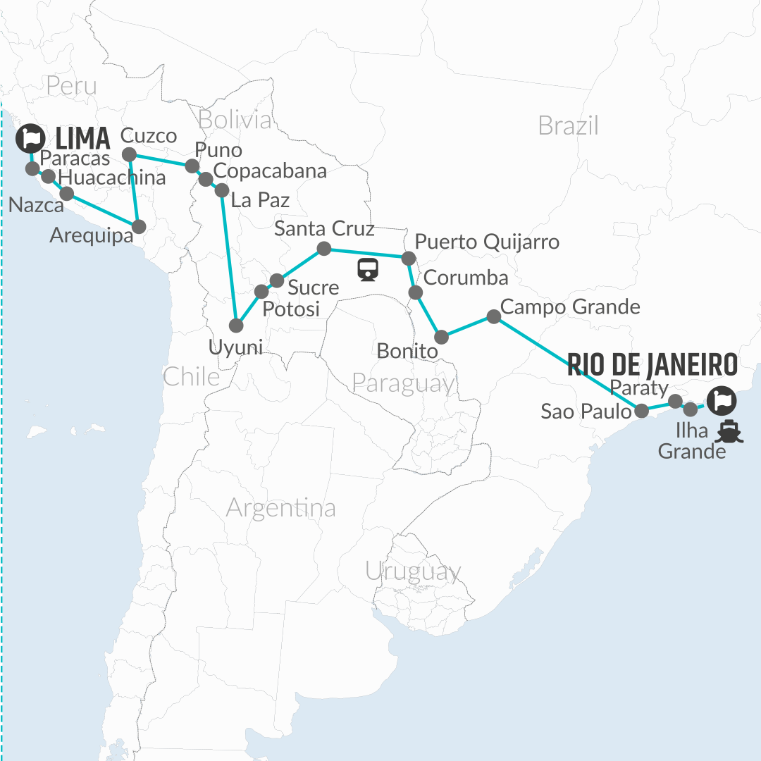 tourhub | Bamba Travel | Rio de Janeiro to Lima (via Pantanal) Travel Pass | Tour Map