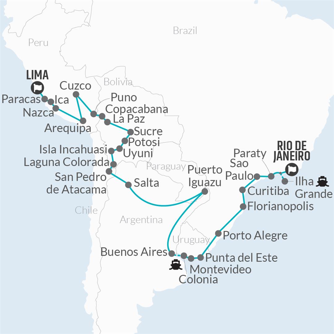 tourhub | Bamba Travel | Rio de Janeiro to Lima (via Uruguay) Travel Pass | Tour Map