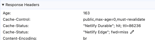 Astro + Netlify durable cache, second request showing a durable cache hit