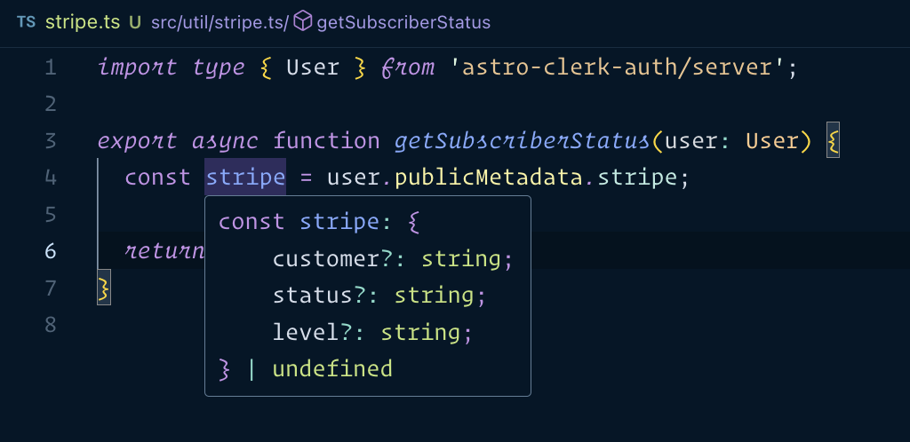 VS Code screenshot showing the correct types when hovering the custom metadata