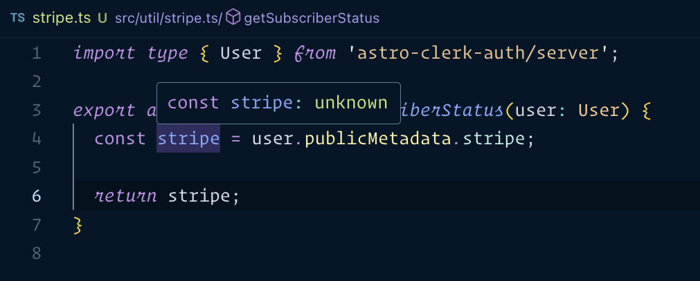 VS Code screenshot showing the custom metadata having a type of unknown