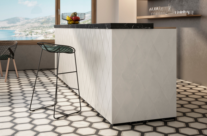 Allora 8.5 x 10 porcelain Telaio Deco and 7.38 x 12.75 Rhombus in White