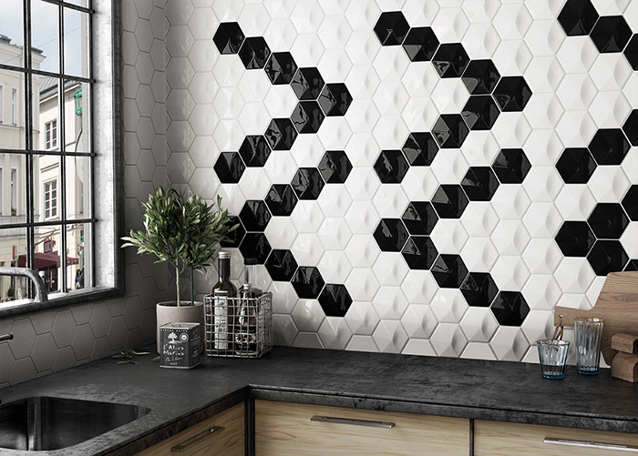 Hedron 3D ceramic tile in Gloss Black and Gloss White in a ribbon pattern