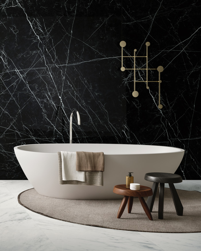 Nero Marquina on wall and Luxe White on floor