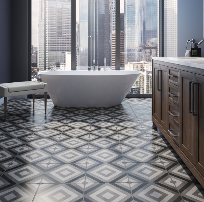 Chateau 12x12 porcelain tile in Diamond Deco - Canvas, Smoke and Midnight