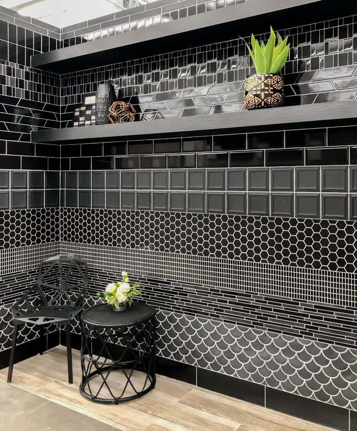 Black decorative ceramic, glass and porcelain tile and mosaics