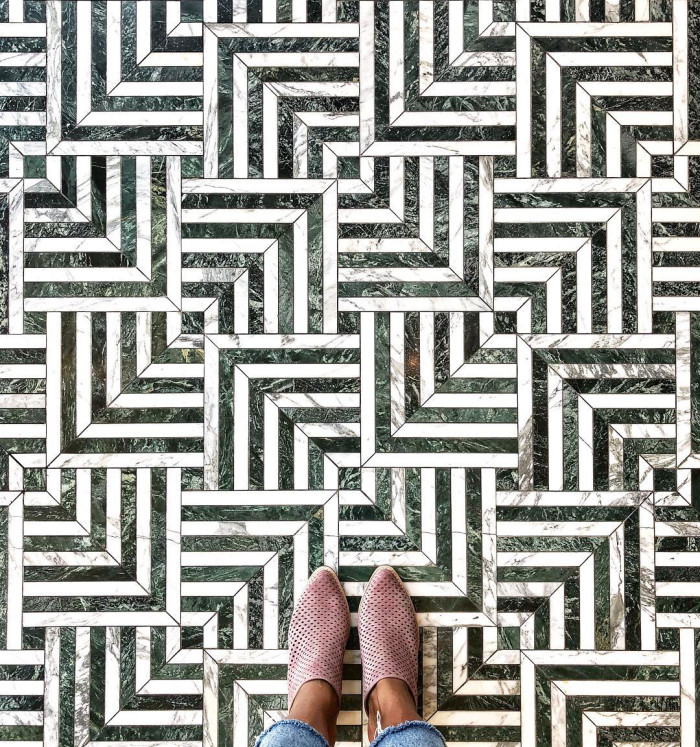 Green and white marble with mauve mules are marvelous