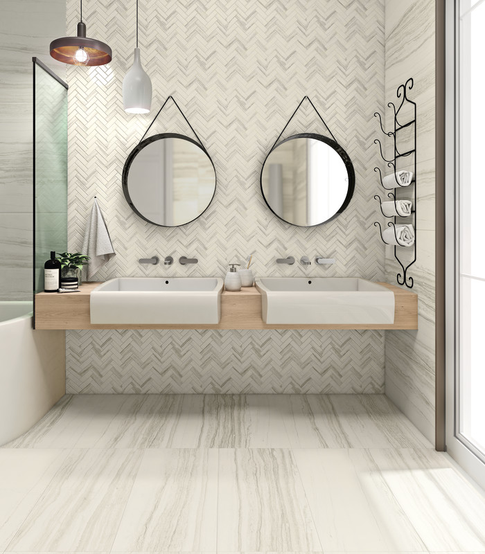 Highland marble-look 18x36 porcelain tile in White on floor | Herringbone mosaic in White on backsplash