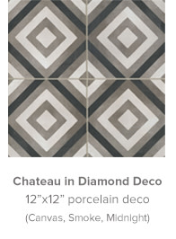 Chateau in Diamond Deco 12x12 porcelain deco in Canvas, Smoke, Midnight