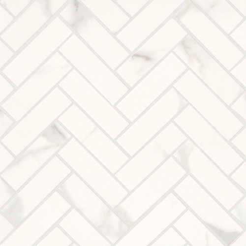 Magnifica 1 x 4 Polished Herringbone Porcelain Mosaic Tile in Calacatta Super White