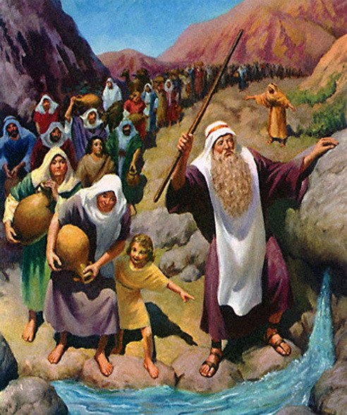 Moses striking the rock to provide water