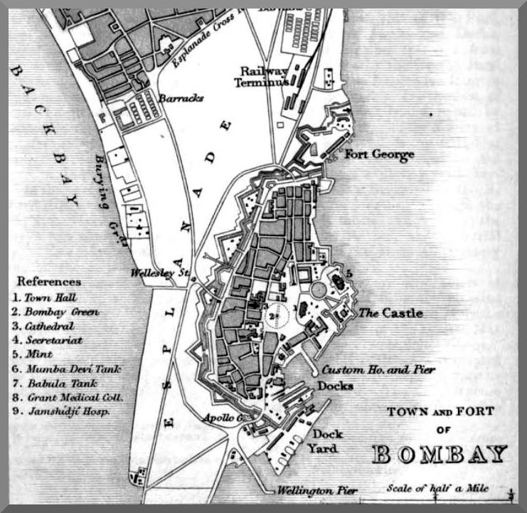 Old map of Fort George from "A handbook for India. Part ii. Bombay", publishers: John Murray - January 1, 1959
