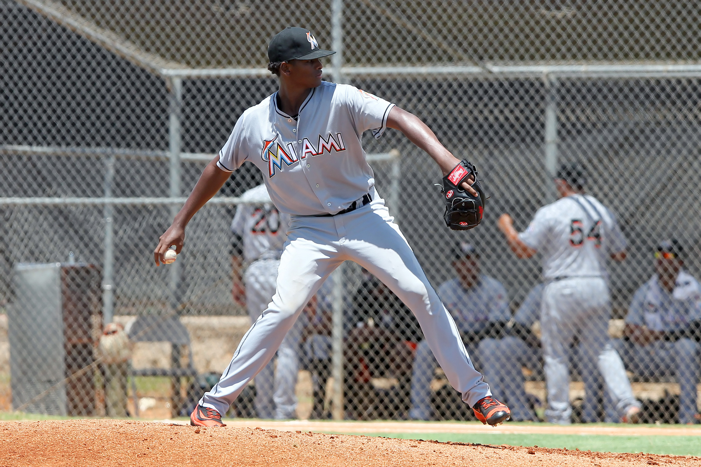 Edward Cabrera of the Miami Marlins stands on the mound in the