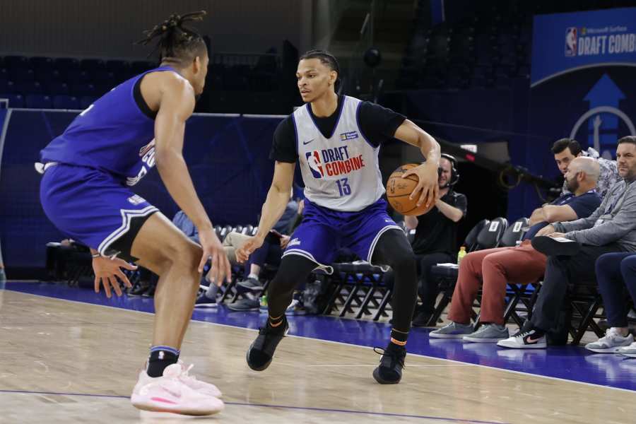 Jalen Hood-Schifino meets with the media at the NBA Draft Combine