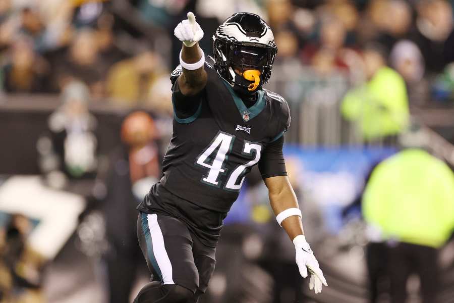 Philadelphia Eagles safety K'Von Wallace (42) comes out with