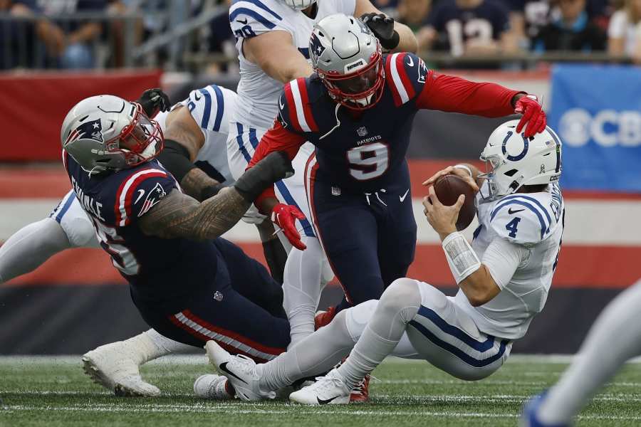 New England Patriots linebacker Matthew Judon (9) celebrates during an NFL  football game between the Indianapolis Colts and the New England Patriots,  Sunday, Nov. 6, 2022, in Foxborough, Mass. (AP Photo/Michael Dwyer