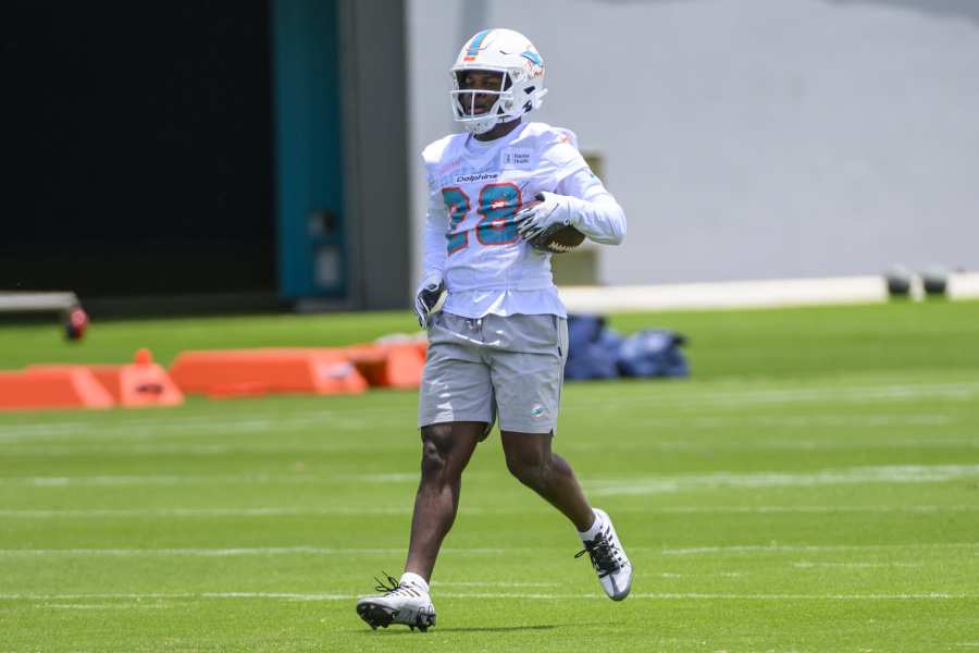 Miami Dolphins tight end Elijah Higgins (84) runs drills during a team  scrimmage at Hard Rock Stadium, Saturday, Aug. 5, 2023, in Miami Gardens,  Fla. (AP Photo/Lynne Sladky Stock Photo - Alamy