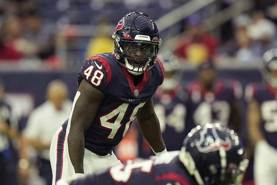 November 3, 2022: Houston Texans linebacker Christian Harris (48) reacts  after a defensive play during an NFL game between the Texans and the Eagles  on Nov. 3, 2022, in Houston. The Eagles