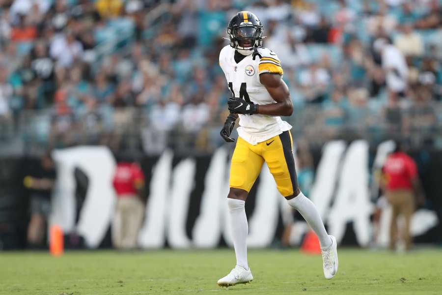 Atlanta Falcons wide receiver Josh Ali (80) lines up during the first half  of an NFL preseason football game against the Pittsburgh Steelers,  Thursday, Aug. 24, 2023, in Atlanta. The Pittsburgh Steelers