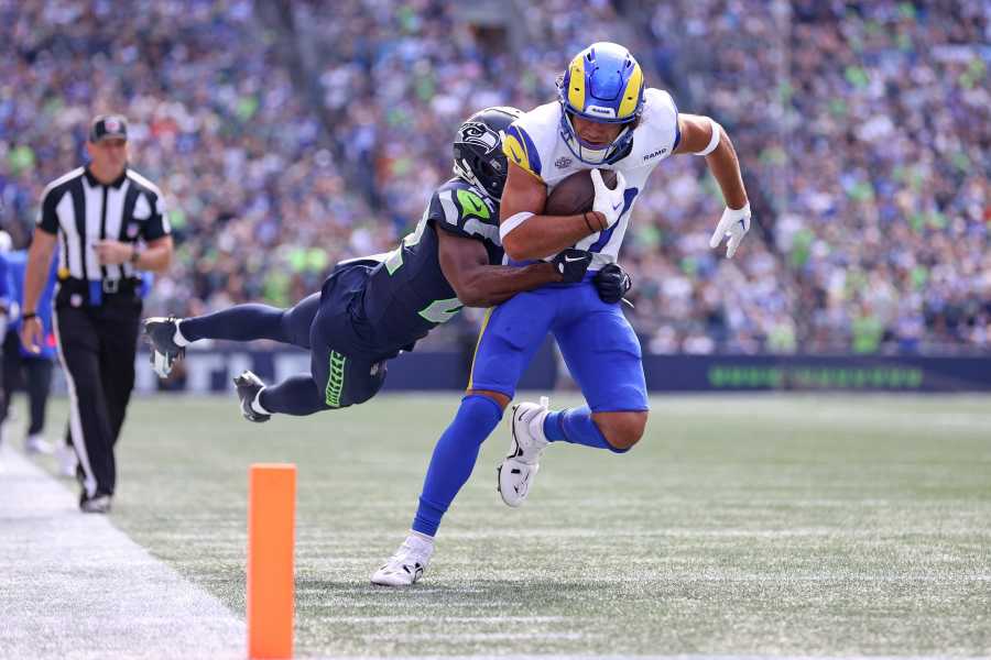 Los Angeles Rams cornerback Cobie Durant (14) gets set during an NFL  football game against the Seattle Seahawks, Sunday, Jan. 8, 2023, in  Seattle, WA. The Seahawks defeated the Rams in overtime