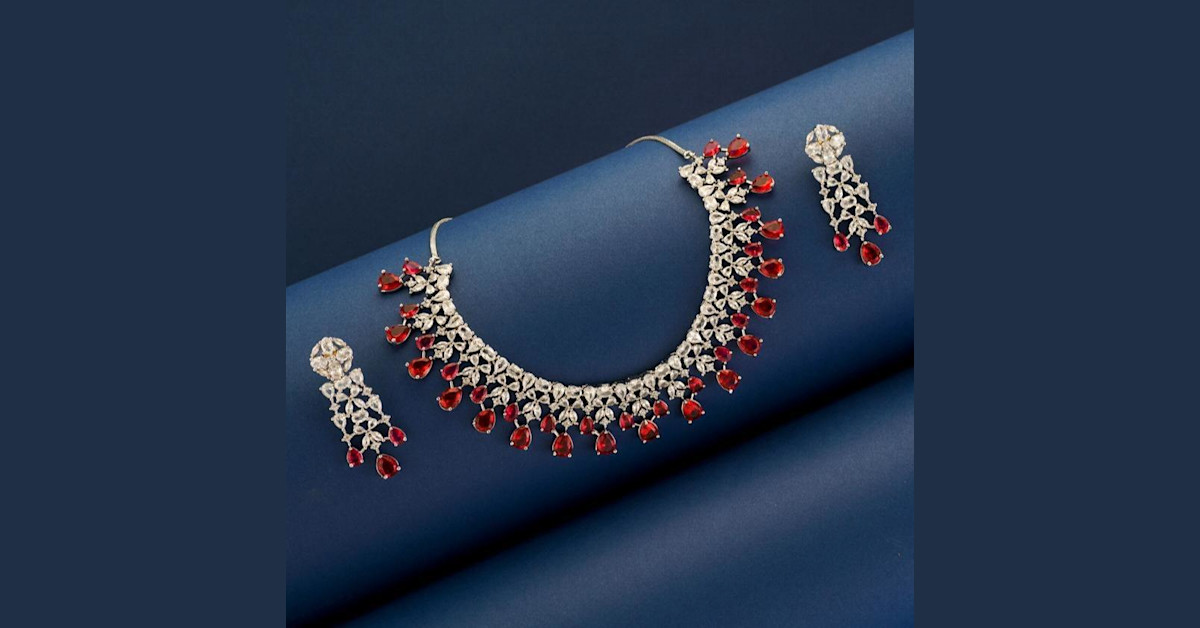 Red American Diamond Necklace Set for Party and Weddings Gift