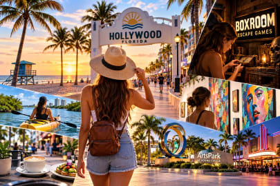 Person enjoying a peaceful solo adventure on Hollywood Beach in Florida, with ocean views and palm trees