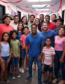 A diverse group of smiling families and friends, including children and adults, posing together in a festive hallway decorated with red, white, and blue streamers, celebrating July 4th at Boxroom Escape Games in Hollywood, Florida. Perfect atmosphere for fun group activities and escape room adventures.