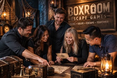 Corporate team solving puzzles during a team building escape room experience at Boxroom Escape Games in Hollywood, Florida