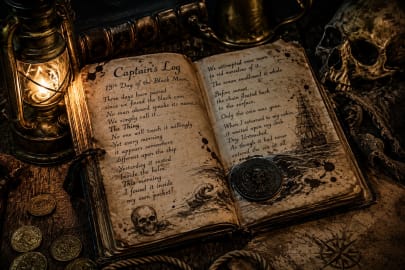 Ancient pirate captain's journal beside a mysterious black coin inside a haunted shipwreck illuminated by an old lantern.