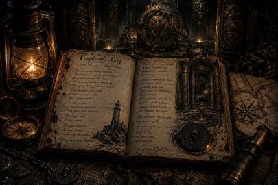 Ancient pirate captain's journal beside a mysterious black coin, old compass, glowing lantern, and sketches of an underground lighthouse chamber filled with enormous gears and ancient symbols.