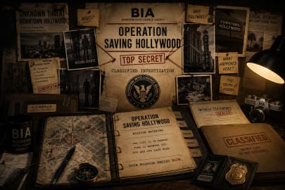 Classified intelligence files and detective evidence board representing the hidden history of Operation Saving Hollywood escape room at Boxroom Escape Games