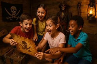 Four excited children inside a pirate-themed escape room at Boxroom Escape Games in Hollywood, Florida, solving a treasure map puzzle with gold coins and a skeleton pirate in the background.