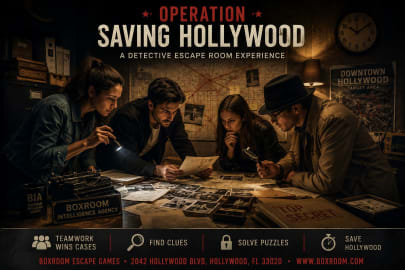 Team of detectives investigating clues inside Operation Saving Hollywood escape room at Boxroom Escape Games in Hollywood, Florida