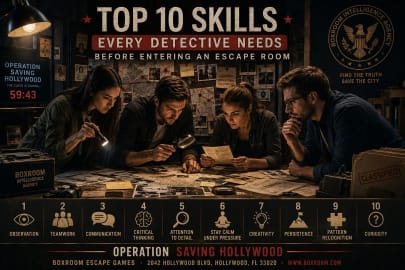Detective team searching for clues and solving puzzles inside Operation Saving Hollywood escape room at Boxroom Escape Games