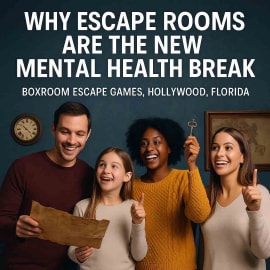 Happy diverse family solving puzzles together in a themed escape room, promoting mental wellness and bonding at Boxroom Escape Games in Hollywood, Florida.