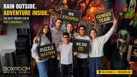 Family enjoying a rainy day indoor escape room adventure at Boxroom Escape Games near Fort Lauderdale Florida