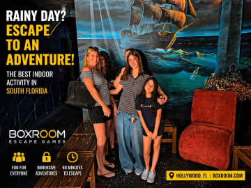 Family enjoying a rainy day indoor escape room adventure at Boxroom Escape Games in South Florida