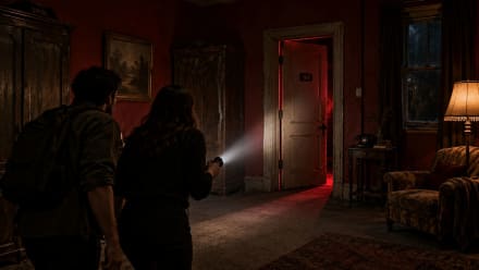 Promotional illustration of adult players investigating a sinister red apartment for Red Room 102 horror escape room in Hollywood, Florida