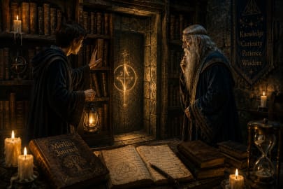 Merlin's apprentice discovering the hidden chamber inside Merlin's Wizarding Academy