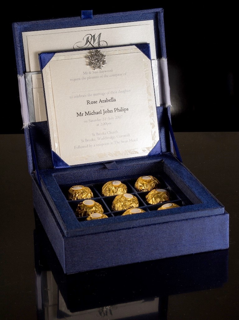 bridebook.co.uk blue box with chocolates and stationery