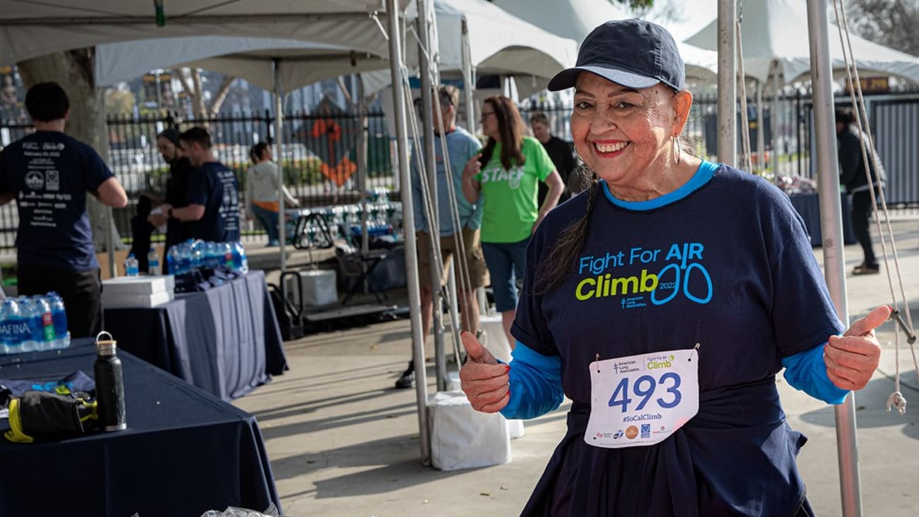 Toni Perez poses at the American Lung Association Fight for Air Climb, one of more than a dozen races she completed since receiving her lung transplant at Cedars-Sinai. Photo courtesy of Toni Perez.