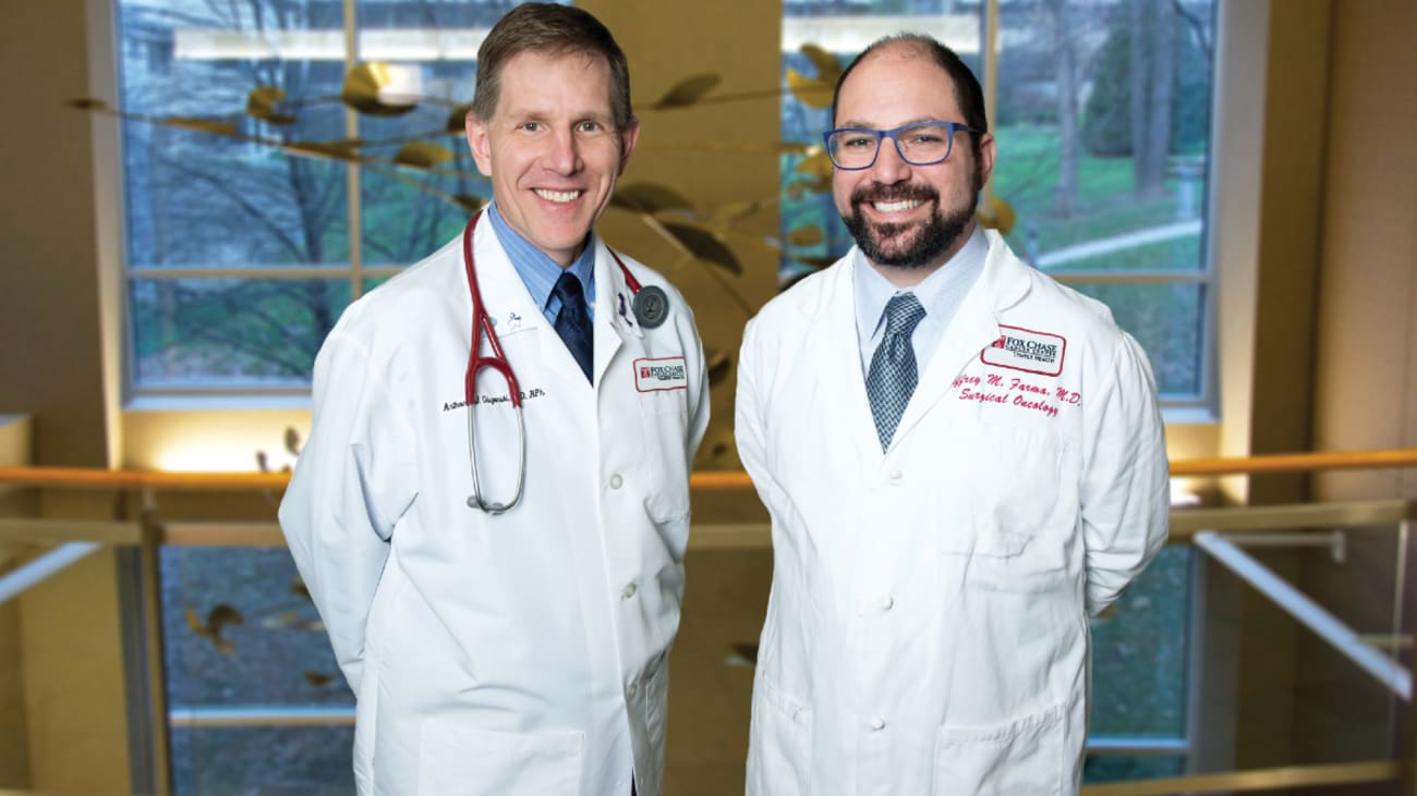 farma-Jeffrey-Img3837blurred-HR-4c-RET v2b.png Jeffrey Farma, MD, FACS (on right), Chair of the Department of Surgery, and Anthony Olszanski, MD, RPh (on left), Vice Chair of Clinical Research in the Department of Hematology/Oncology at Fox Chase Cancer Center
