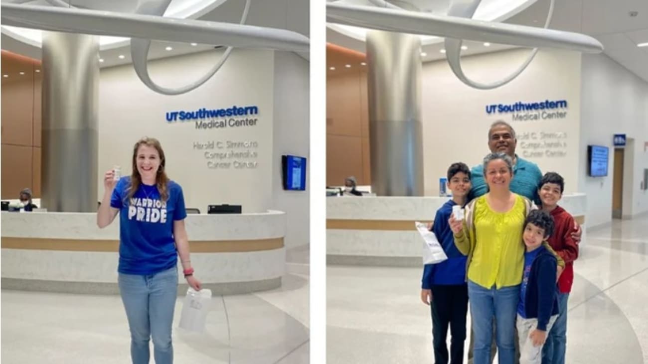 time in a bottle.jpg Lauren Manlapig, left, and Tulia Fogli (with her husband, Michael, and sons) hold up their first bottles of vorasidenib, a breakthrough drug to treat low-grade gliomas.