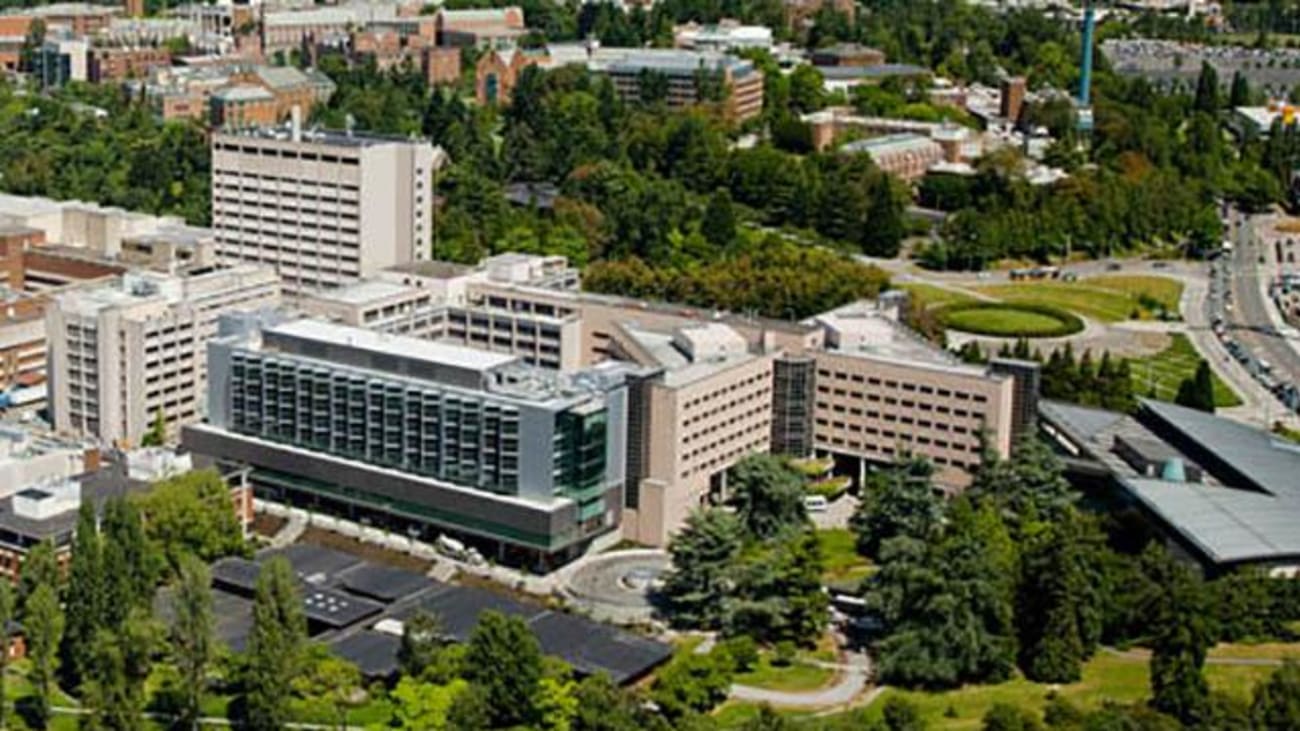 An aerial view, looking to the northwest, of University of Washington Medical Center on the UW campus in Seattle.