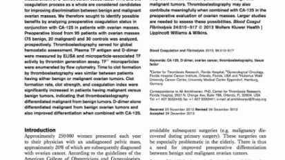 Blood clotting activation analysis for preoperative differentiation of benign versus malignant ovarian masses