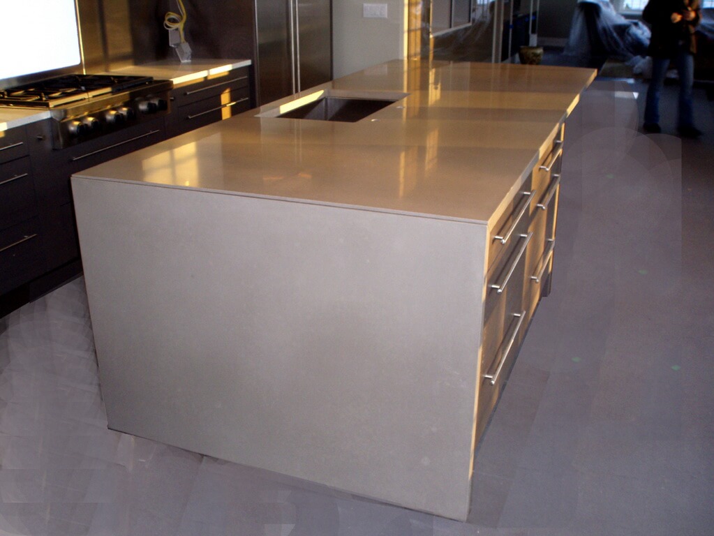 Taupe Concrete Kitchen Island Countertop With Waterfall Ends