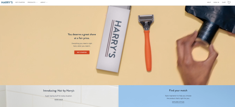Harry's homepage's video banner animates men using their razors and skincare